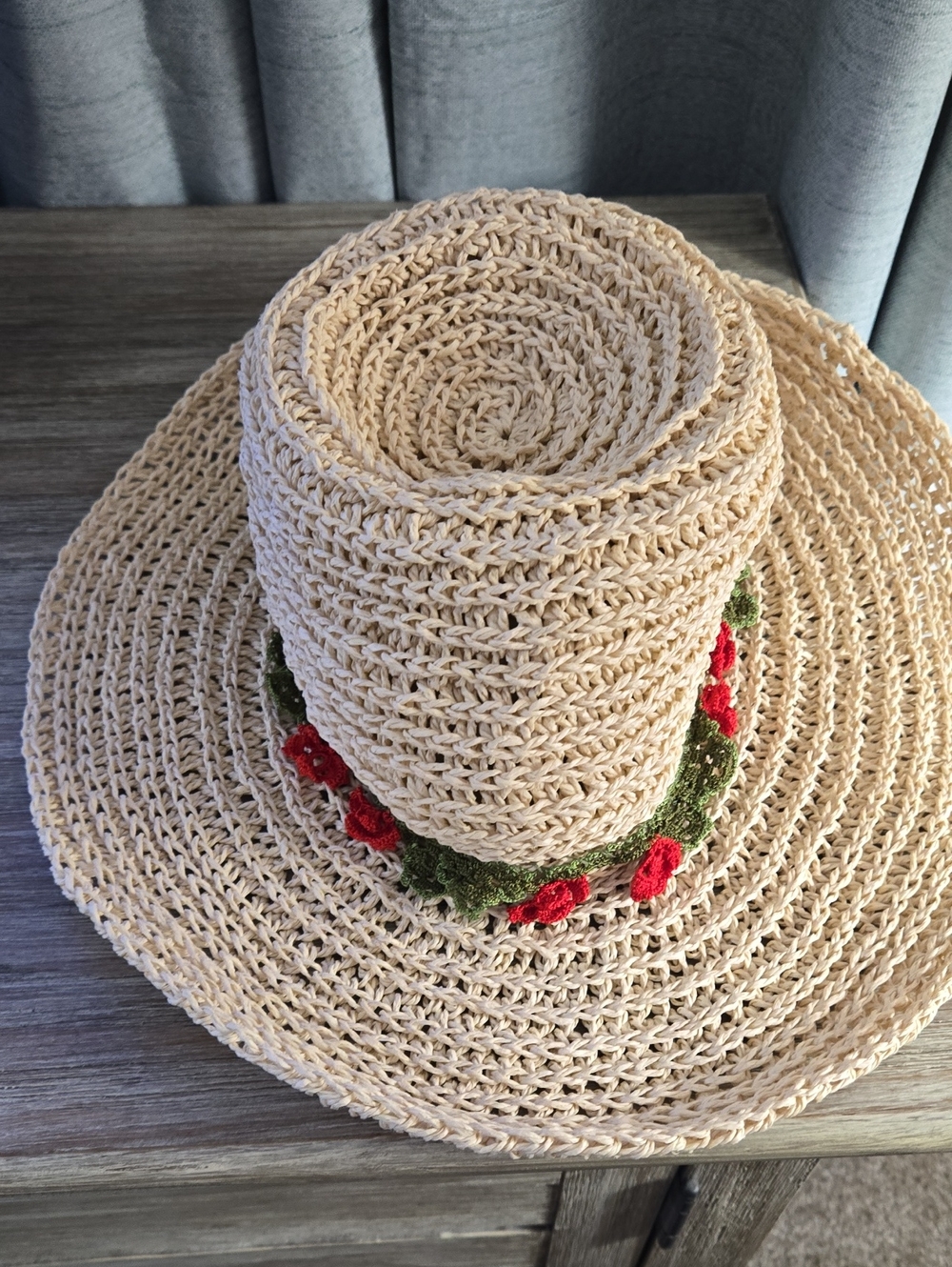 Handwoven Cream Straw Sun Hat with Red Floral Trim